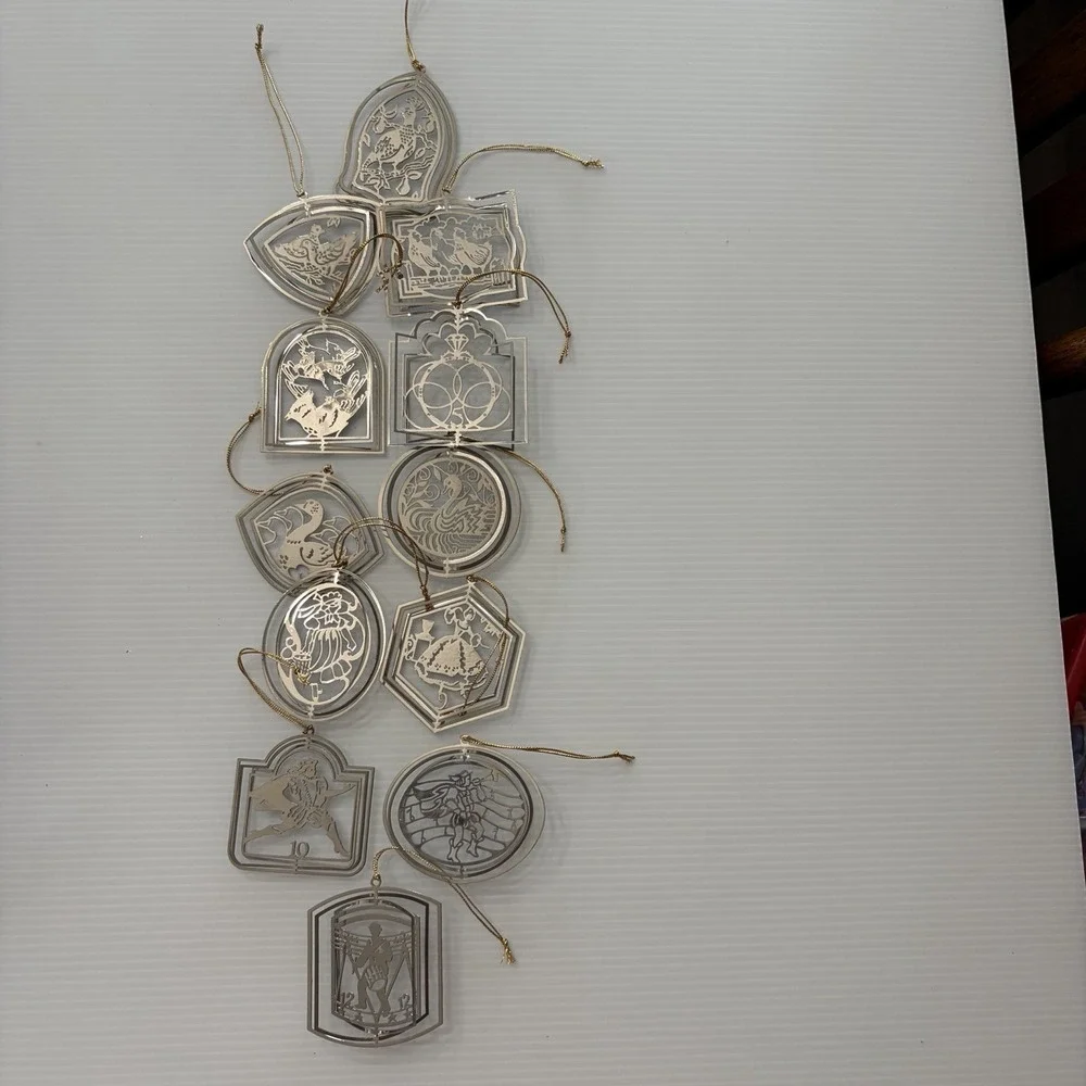 Vintage 90s Complete 12 Days Of Christmas Silver Tone Ornament Set Tree Decor